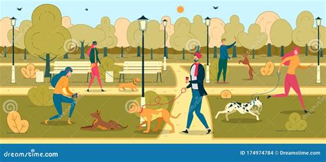 People Training Dogs In Park Flat Illustration Stock Vector