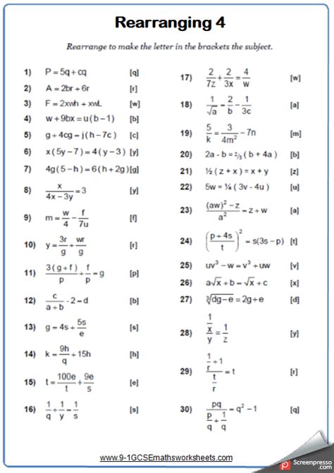 Year 11 Algebra Worksheets