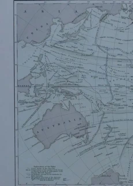 1850 Hand Coloured Map Physical Chart Pacific Ocean Currents