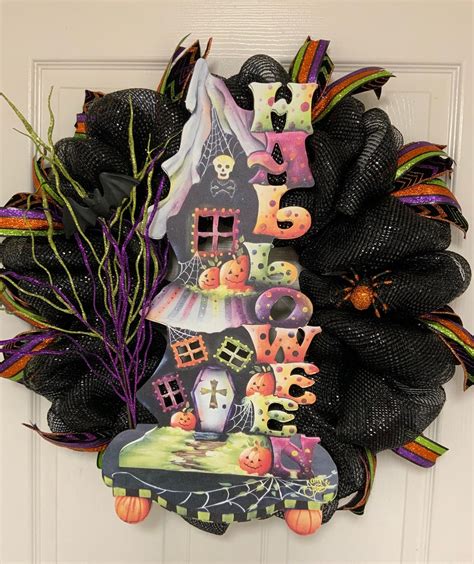 Halloween wreath for front door Haunted House door hanger | Etsy