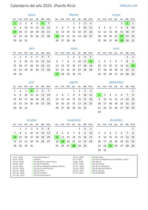 Calendario 2024 Con Días Festivos En Puerto Rico Imprimir Y Descargar