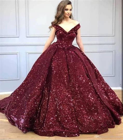 Burgundy Sequined Off Shoulder Ball Gown Quinceanera Dresses V Neck