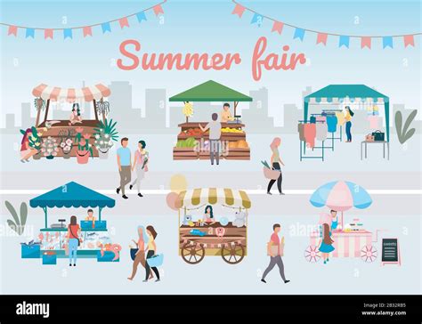 Summer Fair Flat Vector Illustration Outdoor Street Market Stalls Trade Tents With With