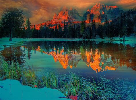 Sunset Nature Landscape Lake Mountain Forest Snow
