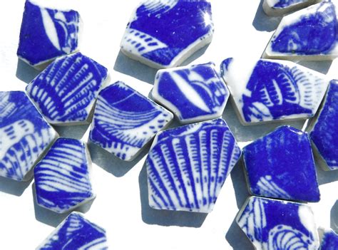 Blue And White Chunky Ceramic Tiles With Sea Shell Patterns Half Pound