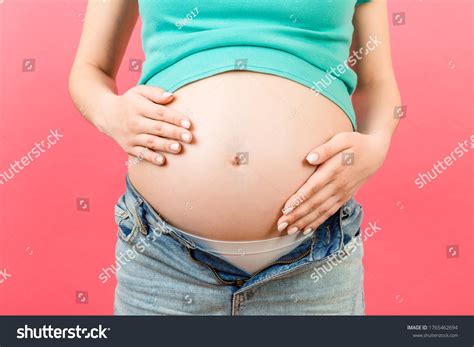 Close Naked Pregnant Womans Belly Wearing Stock Photo