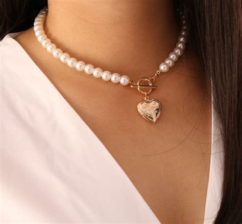 Gold Heart Locket Pearl Necklace Valentines Day Gift Layer Etsy