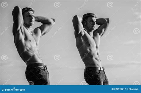 Double Power Muscular Twins Men Brothers Muscular Guys Sky Background