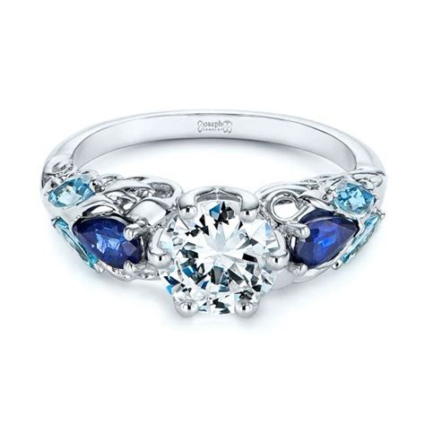 14k White Gold Custom Aquamarine Blue Sapphire And Diamond Engagement