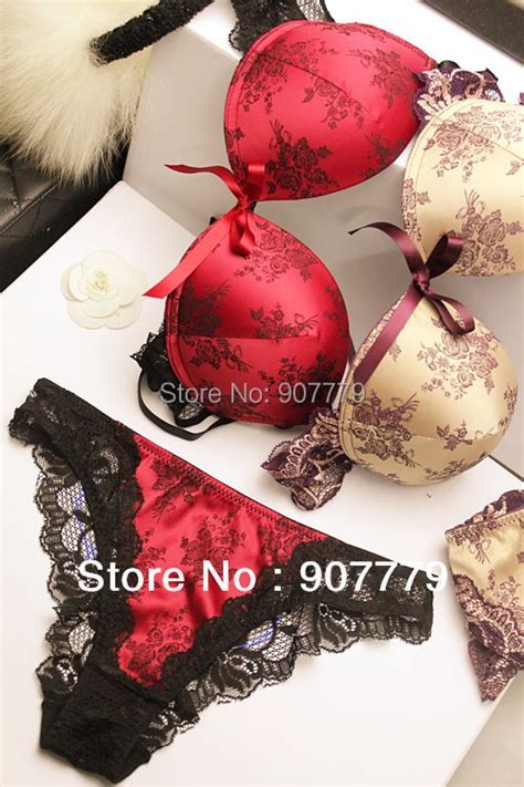 Womens Sexy Underwear Satin Print Lace Embroidery Bra Sets Panties B C Cup In Bra And Brief Sets