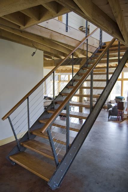 Commercial steel stairs for modular construction. steel and cherry stair - Industrial - Staircase - burlington - by Bluetime Collaborative