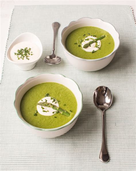 British Asparagus And Spinach Soup Topped With Chive Crème Fraiche