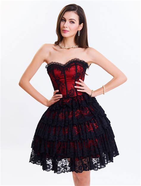Lace Corset Dress Women S Sweetheart Lace Up Strapless Two Tone Layered Overbust Corsets