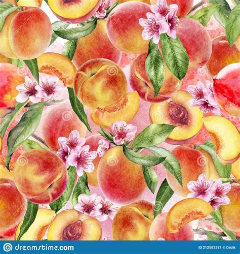 Watercolor Seamless Pattern Peaches With Flowers And Leaves On A Color