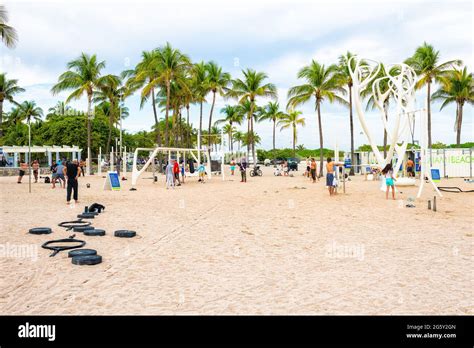 Miami Beach, USA - January 17, 2021: South beach gym with muscular men