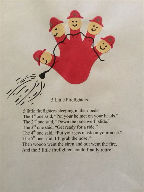 Kids will love this truck version of five little monkeys jumping on the bed. Five little firefighters poem | Fire safety preschool crafts, Fire safety crafts, Fire safety theme
