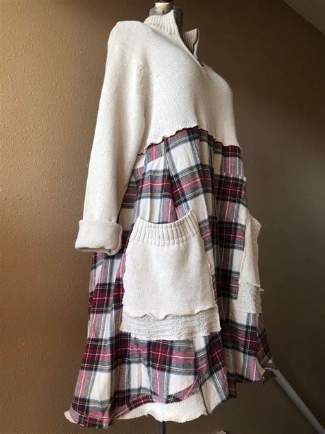 Upcycled Plaid Sweater Dress Refashioned Flannel Shirt Tunic Etsy