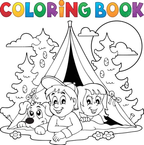 Coloring Book Kids Camping In Forest Girl Kids Shelter Vector Girl