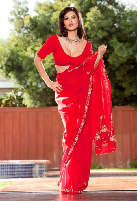 new cine world sunny leone in hot red saree pics