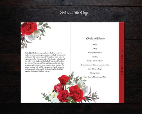 Red Roses Funeral Program Template 8 Page Graduated Fold Template