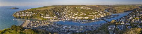 Aerial Panoramic View Of The Beautiful Cornish Fishing Town Of Looe On