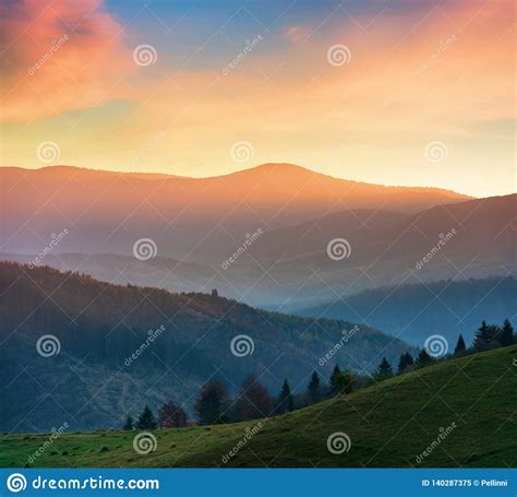 Beautiful Autumn Scenery In Mountains At Sunset Stock