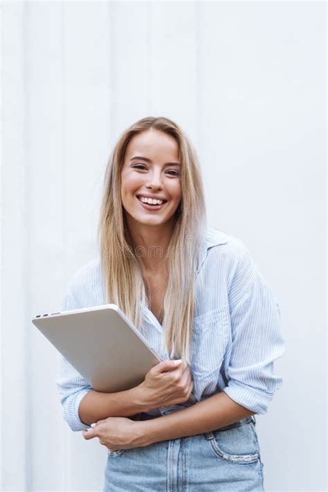 Beautiful Smiling Girl Holding Laptop Computer Stock Image Image Of