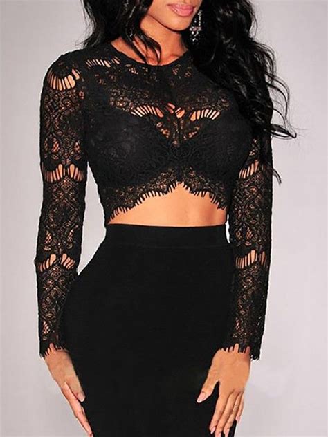 Womens Sexy Long Sleeve Lace Cropped Basic Top Lace Blouse Long Sleeve Lace Crop Tops Crop