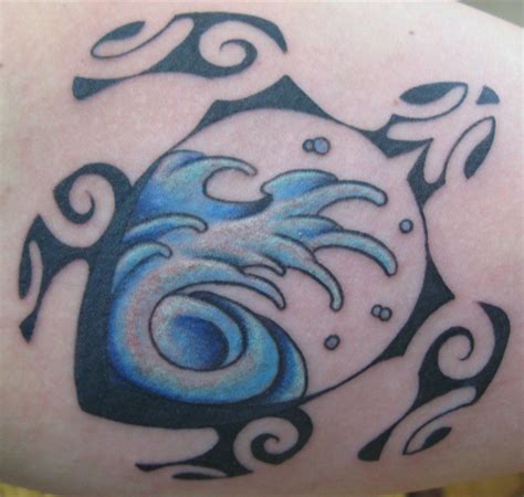 Polynesian Hawaiian Style Turtle Tattoo With A Blue Wave Element By