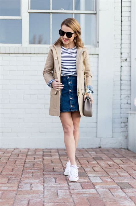 Button Through Denim Skirt Converse Trench Real Life Springsummer Style Pinterest