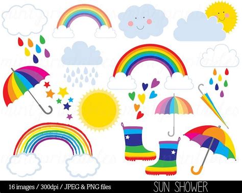 Rainbow Clipart Clip Art Rain Cloud Raindrops Sun Sky Stars Etsy