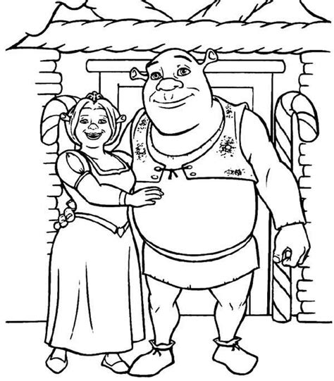 Shrek And Princess Fiona In Front Of Their House Coloring Page Color