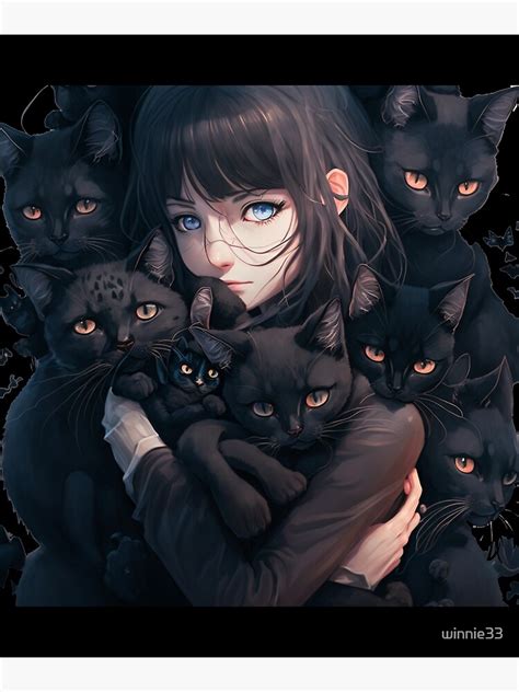 Anime Girl Hugging Many Black Cats Kawaii Poster For Sale By Winnie Redbubble