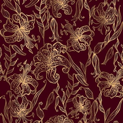 Premium Vector Gold Lilies On A Burgundy Seamless Pattern