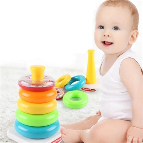 Cute Kids Baby Toys Stacking Ring Rainbow Tower Pattern Intelligent