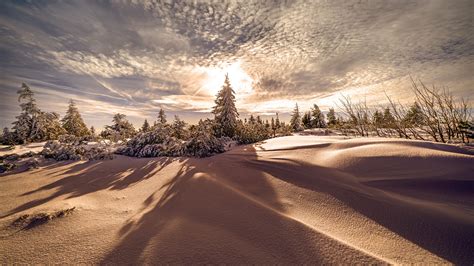 Snow Covered Hills With Trees In Background Of Sky With Clouds During Sunrise Hd Winter