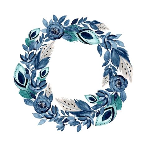 Premium Vector Blue Watercolor Floral And Feather Wreath