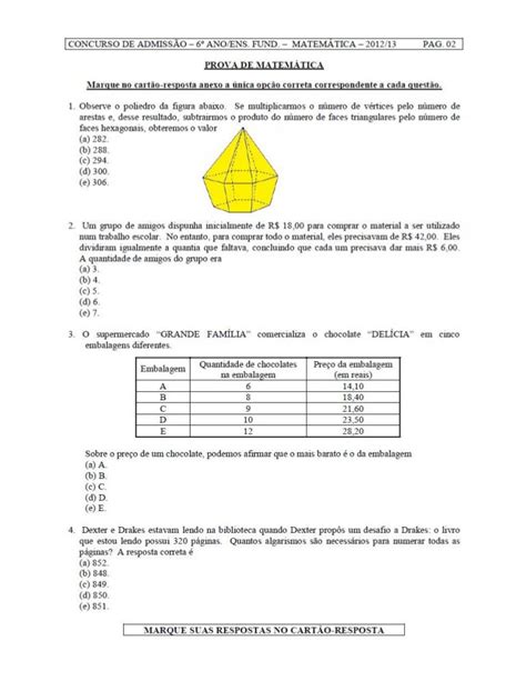 Prova De Matemática Colégio Militar 2012 6ºano