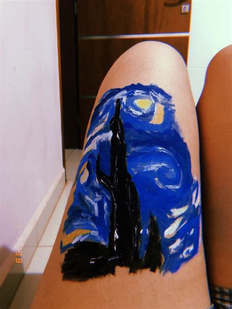 Someone Has Their Leg Painted With The Starry Night Painting On It S Thigh