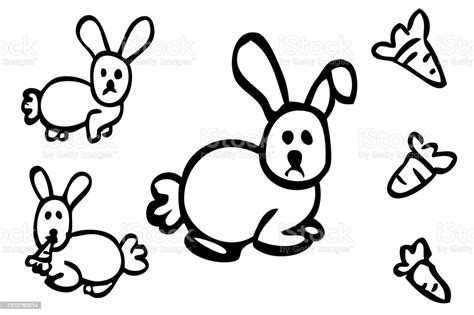 Doodle Vector Hand Draw Sketch 3 Rabbit Carrot Isolated On White Stock