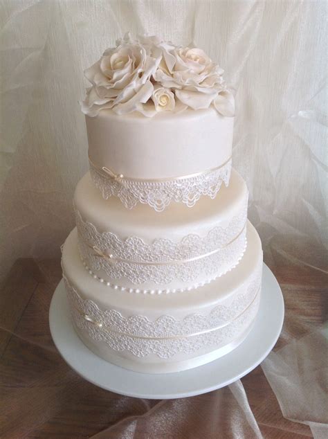 Wedding Cake With Edible Lace And Sugar Roses Designer Uk
