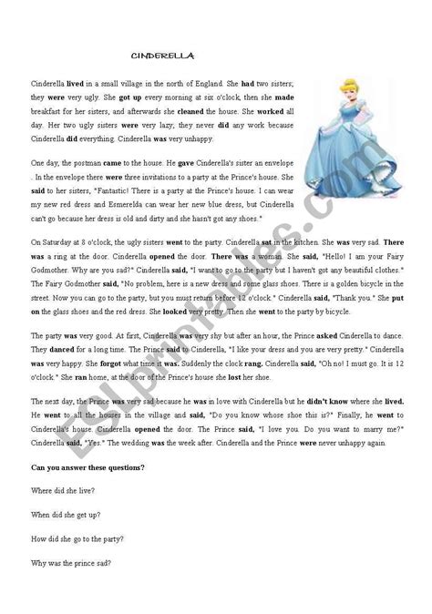 The animal characters and friendly people in these moral short stories can help kids learn important lessons of life. Cinderella - ESL worksheet by ys_bs