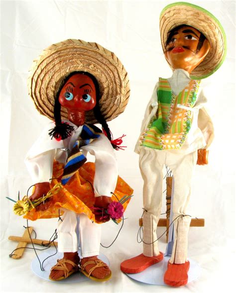 Mexican Marionette Puppets Vintage Straw Sombrero Man And Woman Mexico