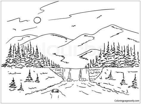 Mountain Landscape With A Waterfall On The Creek Coloring Page Free