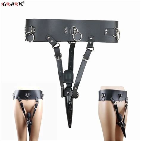Magic Wand Vibrator Holder Pu Leather Forced Orgasm Chastity Belt Harness Strap Sm Bondage Gear