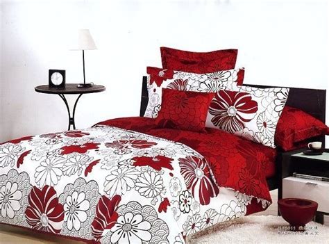 Red Flowers Design White Queen Bed Quilt Comforter Duvet Cover Sets 4pc