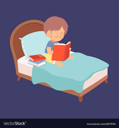 Cute Little Boy Reading Books In Bed At Night Vector Image