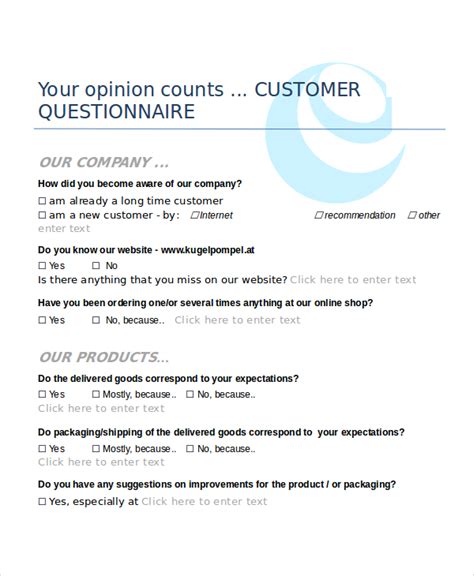 printable   customer questionnaire template word