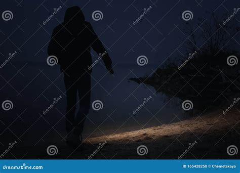 Man With Flashlight Walking Near River Stock Photo Image Of Hiking