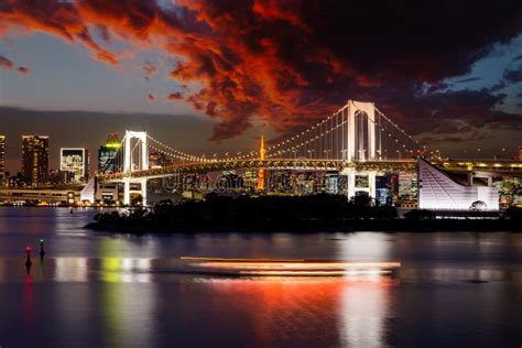 Rainbow Bridge And Sumida River In Tokyo Japan Night Photo Stock